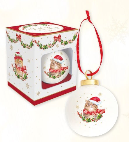 Pallina di natale in ceramica gatto rosso con sciarpa CHRISTMAS CAT